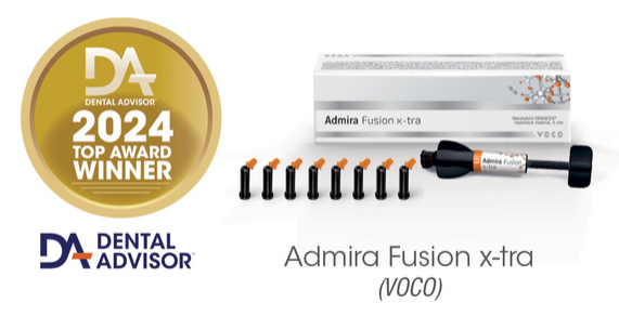 Dental Advisor 2024 Top Award Winner badge next to Admira Fusion x-tra composite syringe and tips. icon