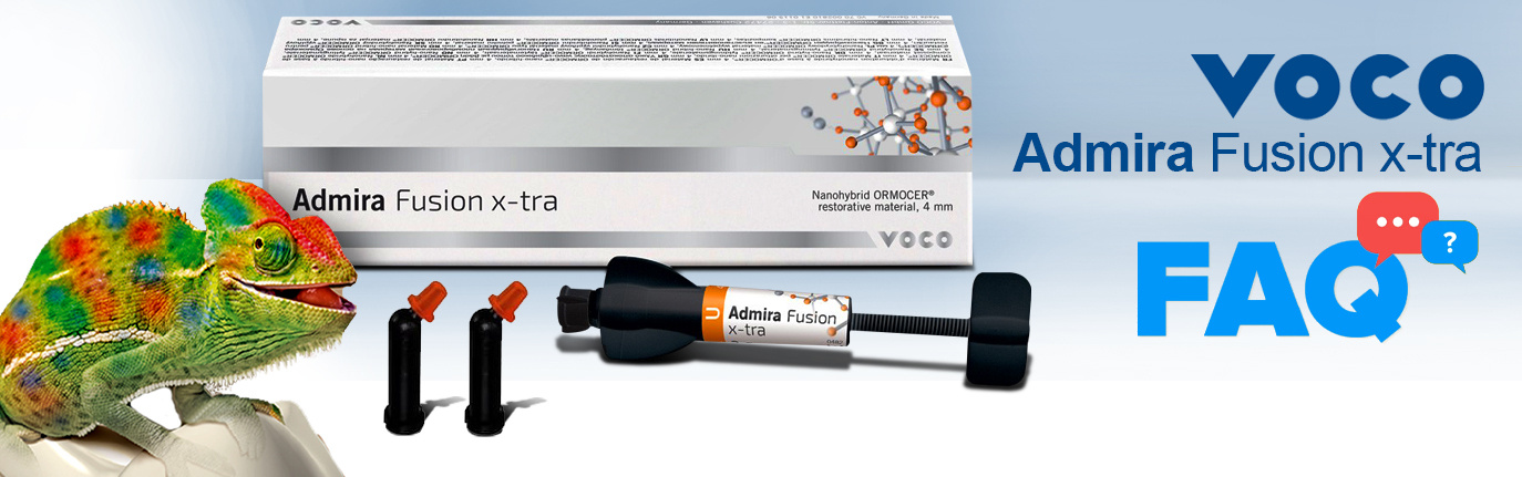 VOCO Admira Fusion x-tra promotional banner featuring composite syringe packaging, accessories, a colorful chameleon graphic, and a large FAQ label.