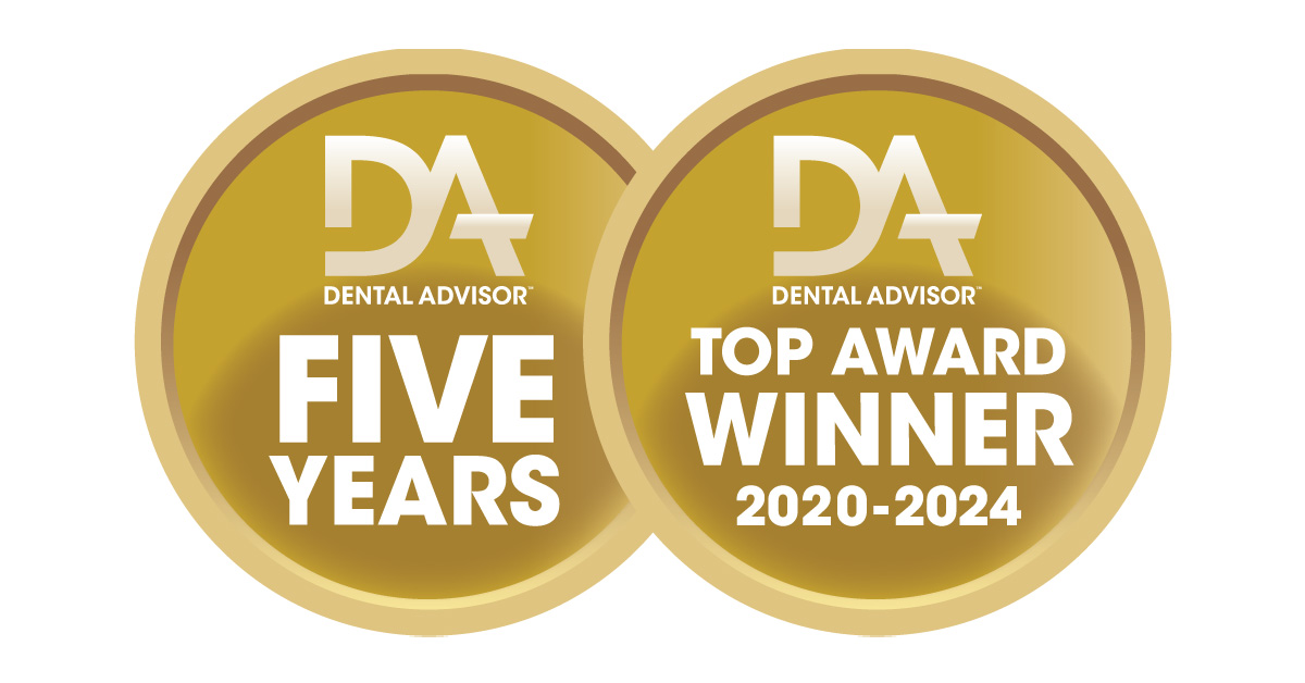 Dental Advisor gold badges showing “Five Years” and “Top Award Winner 2020–2024.” icon