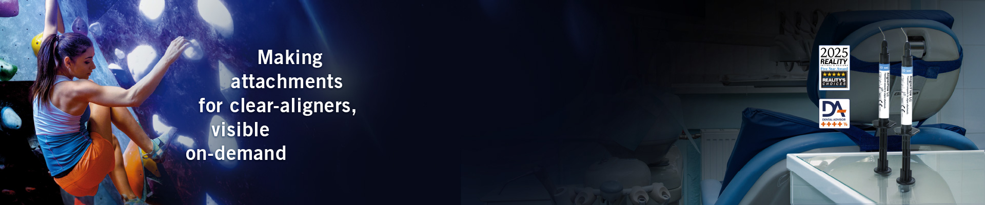 Person rock climbing with text about making clear-aligner attachments, with dental flow syringes and awards displayed on the right.