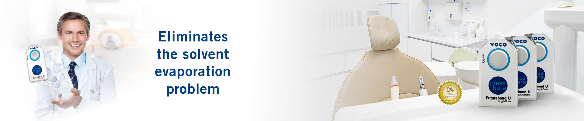 Dental professional holding VOCO products in modern dental office with text 'Eliminates the solvent evaporation problem'