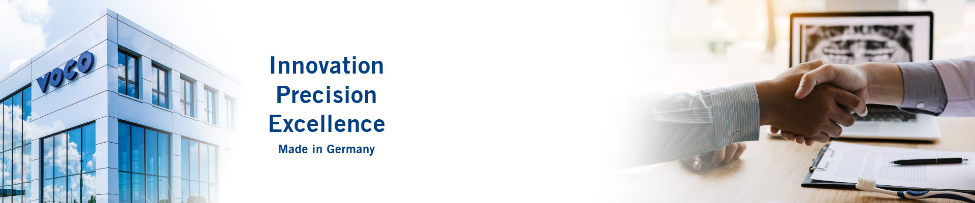 VOCO headquarters building and business handshake - Innovation, Precision, Excellence - Made in Germany