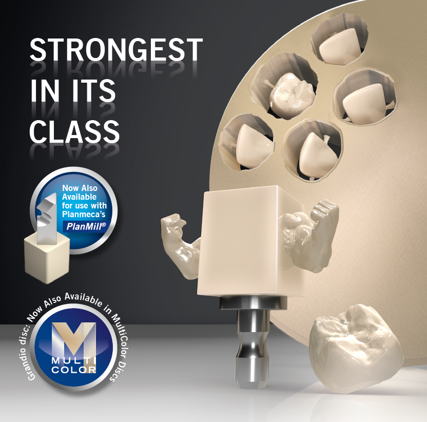 Dental CAD/CAM block with multiple crown shapes and “Strongest in its class” text promoting Grandio blocs product literature download. icon