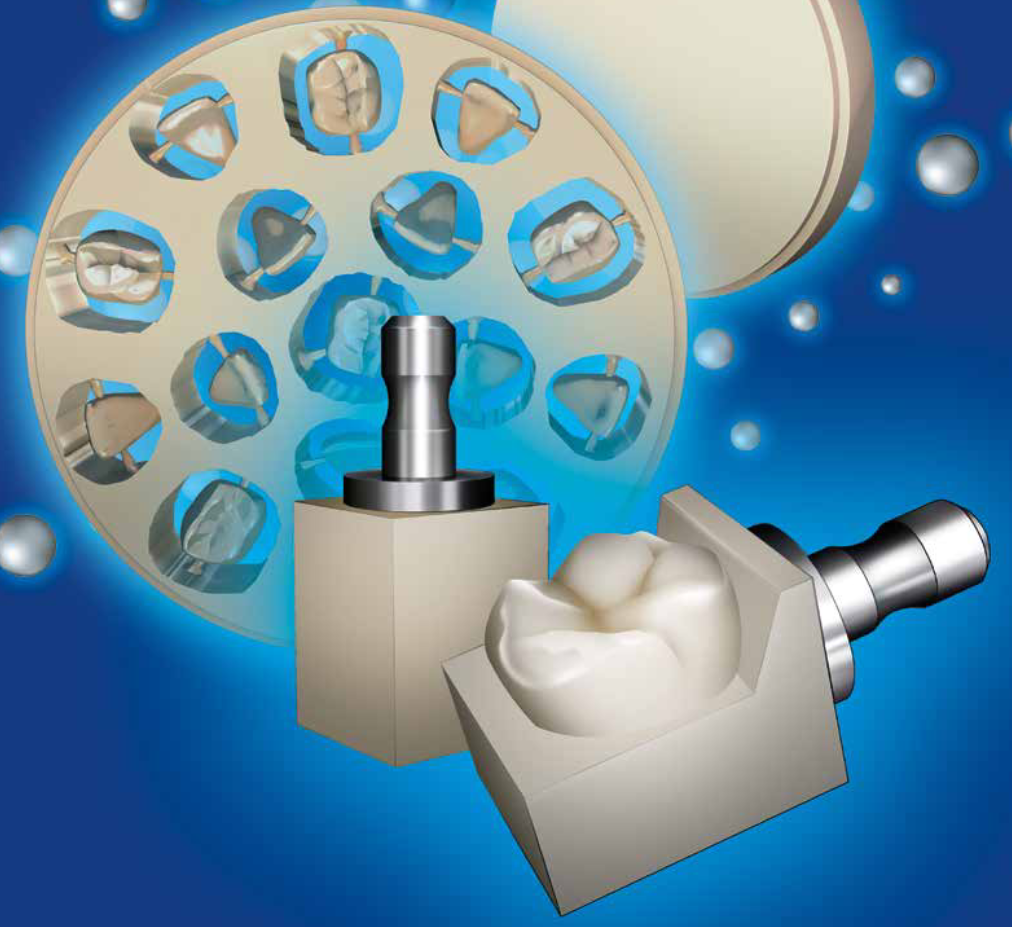 Illustration of dental milling blocks and a circular tool holder showing CAD/CAM processing instructions for Grandio blocs. icon