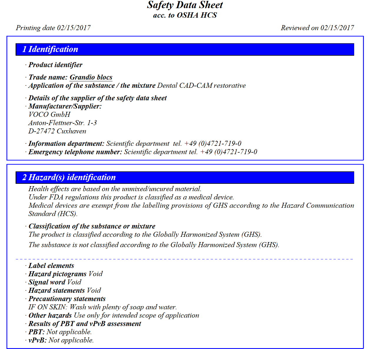 Document page displaying identification and hazard information for Grandio blocs material according to OSHA HCS standards. icon