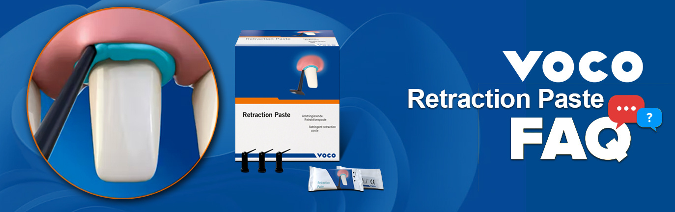 VOCO Retraction Paste FAQ banner showing dental retraction paste packaging, applicator tip close-up, and product box on a blue background.